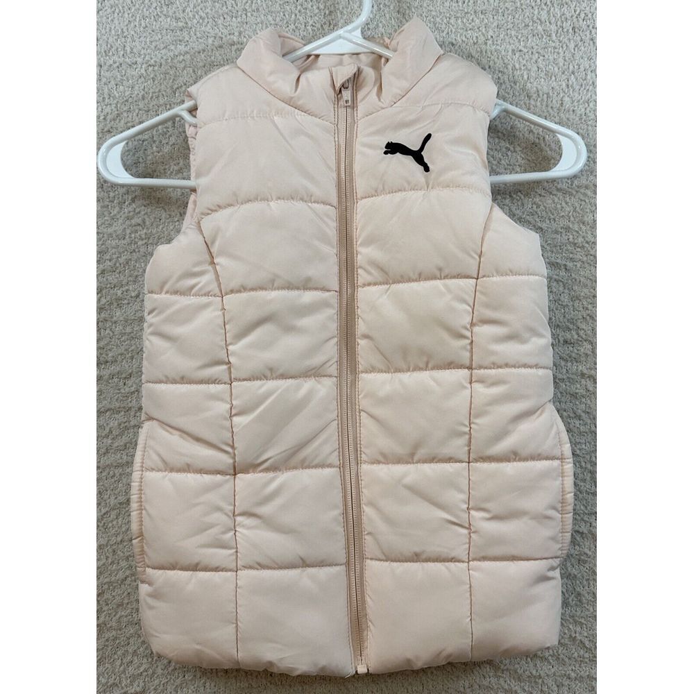 Puma Puffer Pink Vest Jacket Girls Full Zip‎ Lined Insulated Size XS 5/6 Pockets